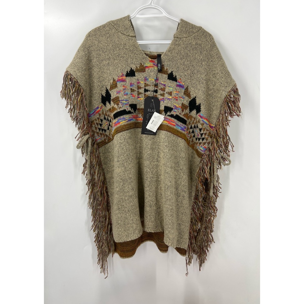 Elan aztec print fringe open side, sweater Poncho with Tie detail OS NWT